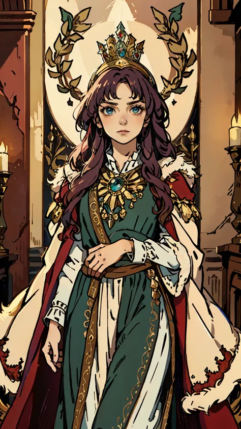 A girl with long golden hair, choppy bangs, Nordic heritage, a petite figure, delicate facial features, pale skin, porcelain skin, an innocent yet determined gaze, she wears an exquisite headband, dressed in a fantasy-style Slavic royal dress, a fur shawl ...