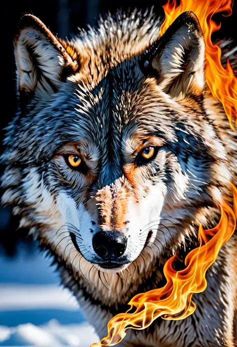 a face of a dominant, lone wolf, half fire, half ice, realistic and realistic photography.

