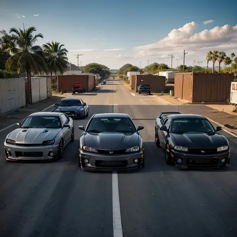 A row of modified cars, including a silver R34 Nissan Skyline GT-R, a black Chevrolet Camaro, and a purple Dodge Charger, parked in front of palm trees and shipping containers, with a blue sky in the background. The cars are all facing the camera and are i...