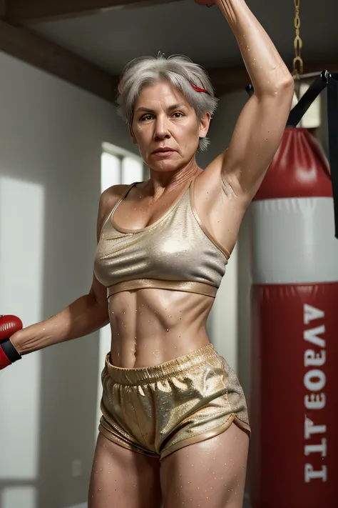 Masterpiece, 50 year old woman, wearing gold sports bra, red short shorts, gray hair, sweaty, strong, boxing, realistic 