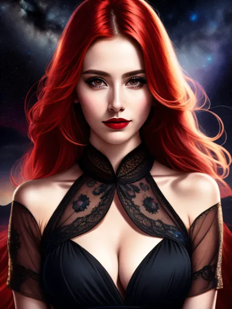 portrait shot, ((vivid red hair)), mature woman, 30 years old, diamond face, moonlight, red starry sky background, depth of field, magic, big red lips, ((dark black eyes)) black and red long and full dress, covered chest, mystical atmosphere, ominous shado...