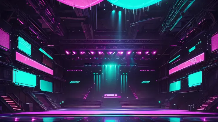 (best quality,highres,masterpiece:1.2),ultra-detailed,realistic,portrait,cyber punk,lush pink and green lights,dark stage,vacant...