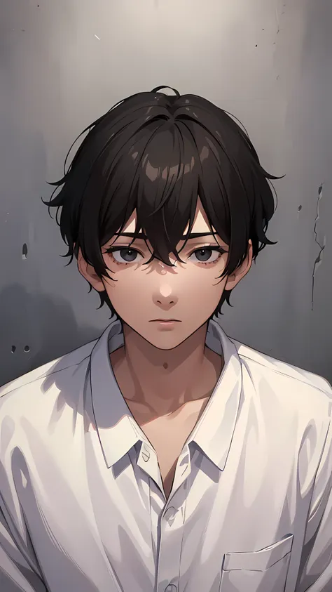 masterpiece, best quality, 1boy, black hair, short hair, black eyes, mature, white shirt, mugshot, wall background, detailed eyes, detailed facial features, realistic and high resolution (best quality, 4k, 8k, highres, masterpiece:1.2)