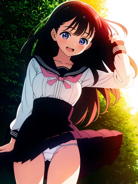 lighting like a movie、top-quality、1 High School Girl、black  hair、Walking through a residential area in Europe、Eyes from below、astonished face、Open your mouth wide、opens his eyes wide、(White panties)、lift up skirt、akebi komichi、blue 、sailoruniform、lighting ...