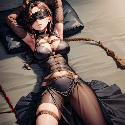 1girl tied up with rope bondage,brown haired, very long sheer skirt,lying down,(blindfold:1.4), solobound