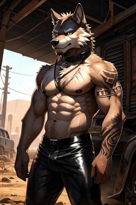 Masterpieces, furry, male, Anthropomorphic, wolf, veiny, slender body type, Delicate eyes, goatee, grizzled fur, white underbelly, glistening body, thug, wasteland thug, tan skin, dirty, depth of field, perfect lighting, (best quality),(masterpiece),(ultra...