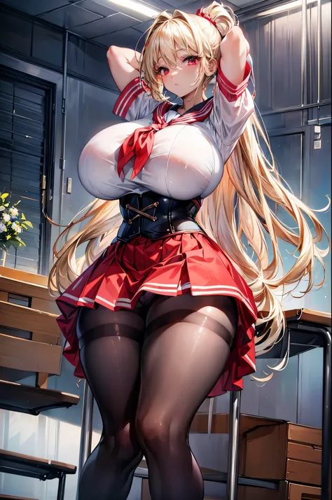 (masterpiece:1.2、highest quality、T Masterpiece)、1 female、alone、classroom、Day、sit、blonde、ponytail、red eyes、(sailor suit:1.25)、(black skin)、big breasts、pantyhose、corset、put your hands behind your head、(short sleeve)