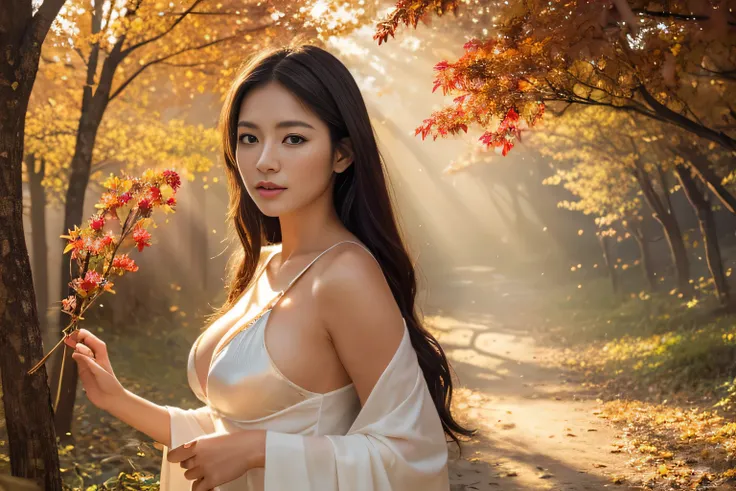 (highest quality,8K,High resolution:1.2),(beautiful realistic asian:1.4,two beauties)、(cute japanese girl:1.4),(huge breasts:1.20),(glamorous)、translucent clothes、artistic background、mysterious atmosphere、perfect woman、heavenly realm、autumn、shrine、good har...