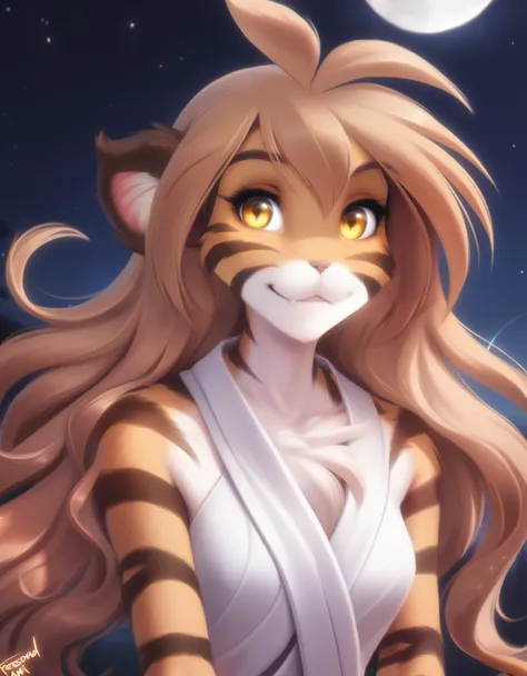  tkflora, felid, keidran, mammal, pantherine, tiger, flora_(twokinds), flora_twokinds, twokinds, personalami, rating:safe, anthro, arm_tuft, white fur forest, night, stars, moon, long brown hair, yellow eyes, long hair ,tiger tail, White clothe