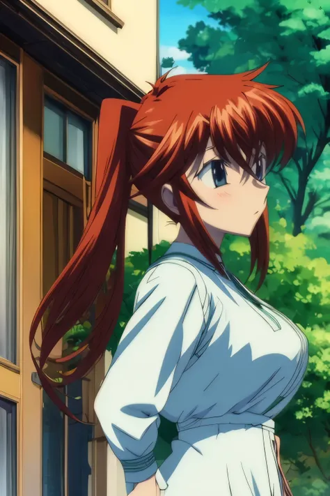 Una mujer con un vestido blanco de pie en un bosque, higurashi, dxd de secundaria, Rias Gremory, chica anime demonio, haibane renmei, ethereal anime, anime girl gothic maiden, daytime ethereal anime, ikki tousen, iwakura yacía, chica anime llamada lucy, in...