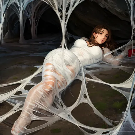 1girl,Spider weaves a net on a girl, very realistic, very detailed,bed,stretched, dark cave, struggle in the net,brown haired, very long sheer skirt,lying down,