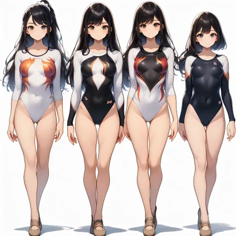 ((full body)),(masterpiece, best quality), (3 girls1.5) ,((Contrapposto:1.5)), looking at viewer, walking,((v_arms:1.2)), wearing gymnastics_longsleeves_leotard_outfit leotard:1.3),(black leotard) ,(flame print:1.3), BREAK masterpiece black hair, ((long ha...