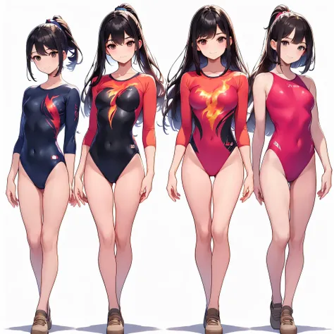 ((full body)),(masterpiece, best quality), (3 girls1.5) ,((Contrapposto:1.5)), looking at viewer, walking,((v_arms:1.2)), wearing gymnastics_longsleeves_leotard_outfit leotard:1.3),(red leotard) ,(flame print:1.3), BREAK masterpiece black hair, ((long hair...