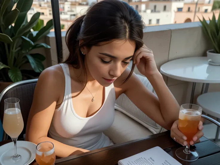 woman sitting at a table with a book and a drink, sandra chevier, magalie villeneuve, profile image, by Fede Galizia, fernanda suarez, carola rubio, at the terrace, in spain, portait photo, looking towards the camera, 30-year-old woman from cuba, photo fro...