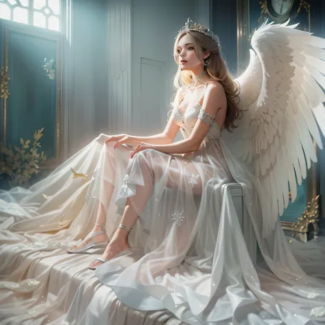 Beautiful woman in very long translucent satin dress and with angel wings sitting on a throne in heaven