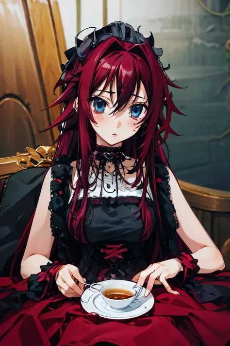 rias gremory como una  gotica y cabello negro, ojos cafes