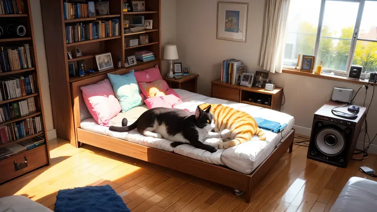 room,Cat,listening to music with headphones