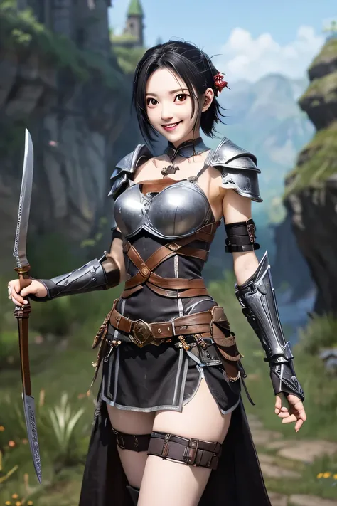 highest resolution, 4k, masterpiece: 1.3), japanese mature, women pictures, sexy, fine eyes, slender body shape, realistic teeth, double eyelid, full body, highest quality, get used to it, equipped with armor, in a fantasy world, The background is a castle...