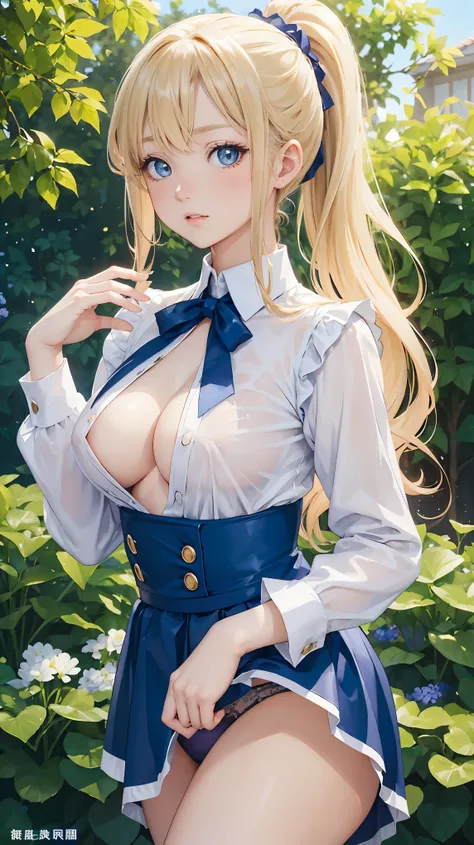 (masterpiece:1.2), (highest quality:1.2),, Curvy but slender body, perfect eyes, perfect face, perfect lighting, 1 girl, in the garden, （blouse），（skirt），（maid），（ponytail），curly hair, fine clothes, detailed outdoor background, compensate, eye shadow, thick ...