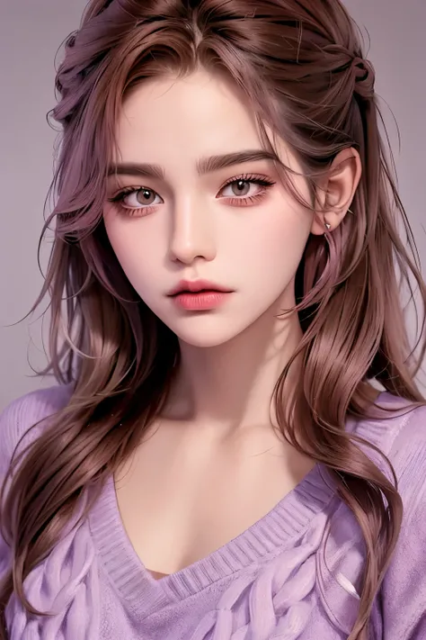 Girl, long brown hair, gray eyes, sharp features, white skin, pink lips, wavy hairstyle, purple t-shirt, sweater