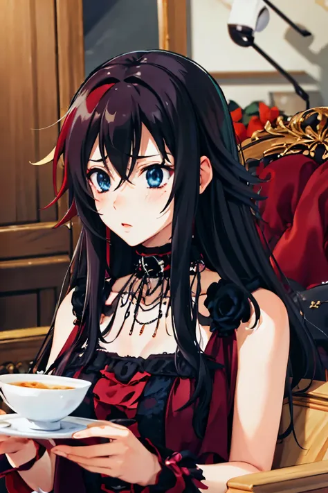 rias gremory como una  gotica y cabello negro, ojos cafes