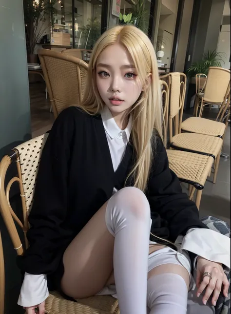 blonde woman sitting on a chair in a cafe wearing white socks, Ulzzang, com cabelos longos brancos,  coreana, com longos cabelos brancos, cruel korean goth girl, parque roseanne de blackpink, com longos cabelos loiros, modelo de moda feminina coreana, Heon...