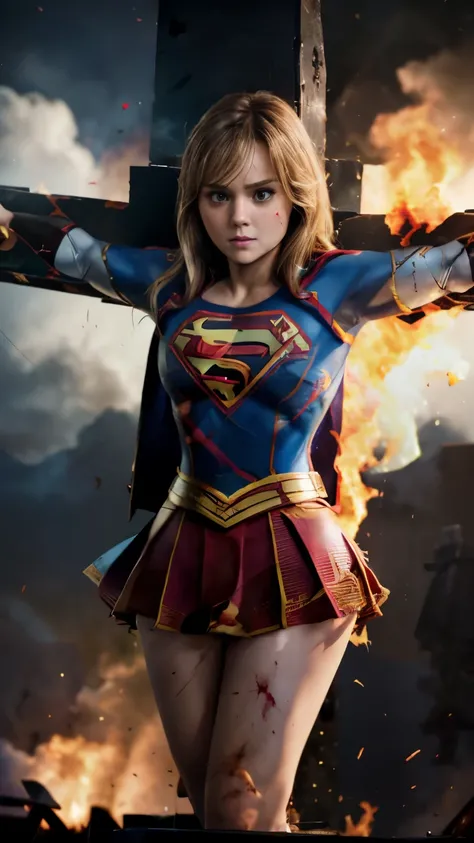 highest quality,masterpiece,UHD, Super detailed, 8K,(Beautiful woman),(一人のBeautiful woman),((crucifixion:1.5)),(((cross))),(execution),((incontinence)),scared,torture,slave,((crossにcrucifixionにされた女性:1.5)),crucifixion刑,((supergirl:1.5)),blue suit,Superman l...
