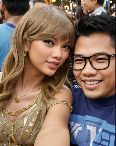 (Best quality, 8k, 32k, Masterpiece, UHD:1.2)  "Generate an image featuring a chubby Filipino man with short black hair and eyeglasses, standing next to a celebrity ((Taylor Swift)). Both individuals are posing together and smiling as if taking a selfie.

...