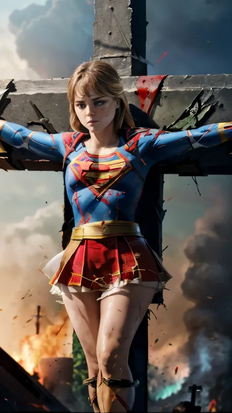highest quality,masterpiece,UHD, Super detailed, 8K,(Beautiful woman),(一人のBeautiful woman),((crucifixion:1.5)),(((cross))),(execution),((incontinence)),scared,torture,slave,((crossにcrucifixionにされた女性:1.5)),crucifixion刑,((supergirl:1.5)),blue suit,Superman l...