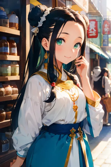 Arab national costume、traveler&#39;s clothes、traveling merchant、smile super high resolution, Super detailed, highest quality, ((two bun hair)) long hair in two buns, ((slicked back hairstyle))、forehead is exposed.、black hair、green eyes、

thin, cute, perfec...