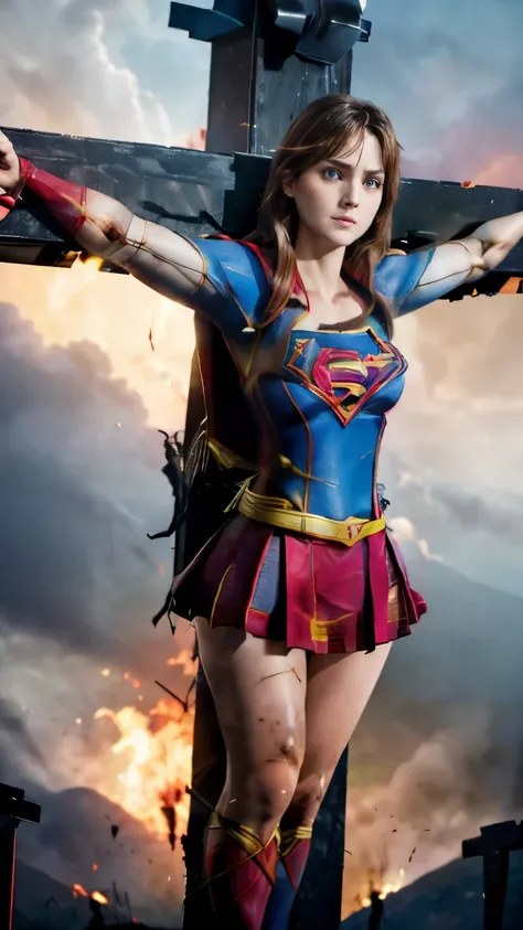 highest quality,masterpiece,UHD, Super detailed, 8K,realな質感,realな写真,real,(Beautiful woman),(一人のBeautiful woman),((crucifixion:1.5)),(((cross))),(execution),((incontinence)),scared,torture,slave,((crossにcrucifixionにされた女性:1.5)),crucifixion刑,((supergirl:1.5))...