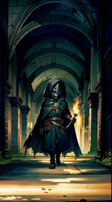 dark orc boy, walking, black cloak adorned with ancient runes, wearing a burnished silver mask, holding a torch, inside in an abandoned temple, deep and mysterious shadows, abasterpiece)), ((best quality)), ultra detailed,((illustration)), dynamic angle, d...