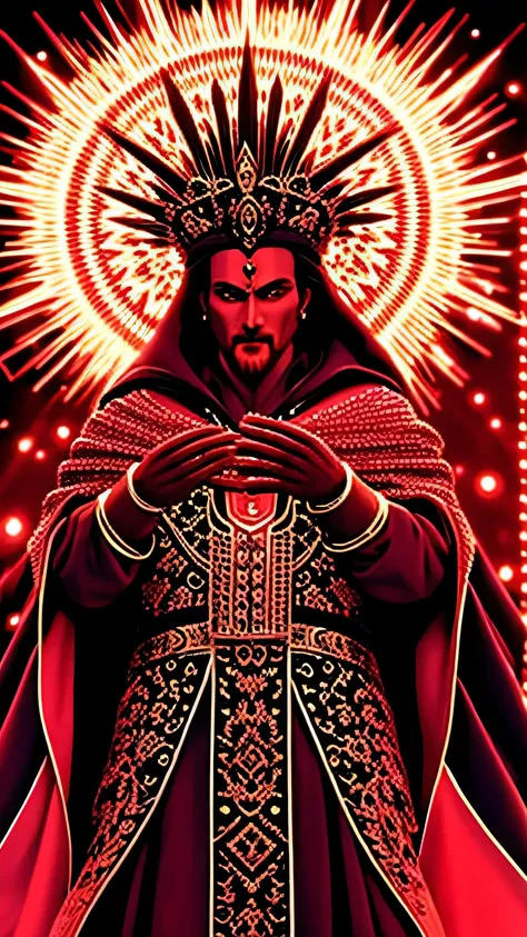 an image of a regal deity adorned in crimson robes, with eyes ablaze like fiery rubies. The deity should exude power and passion, commanding attention with its intense gaze and majestic presence.