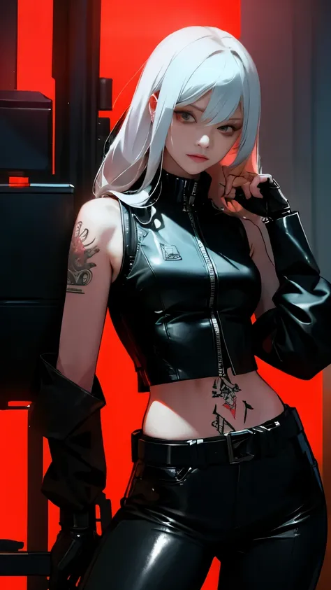 (highest quality)，masterpiece，Super detailed，8K, UHD，Beautiful woman，japanese woman，No expression，whole body，((tattoo))，slim，black leather pants，black leather vest，(female mafia)，gangster，(cyberpunk city)，night，cinematic lightening，underworld