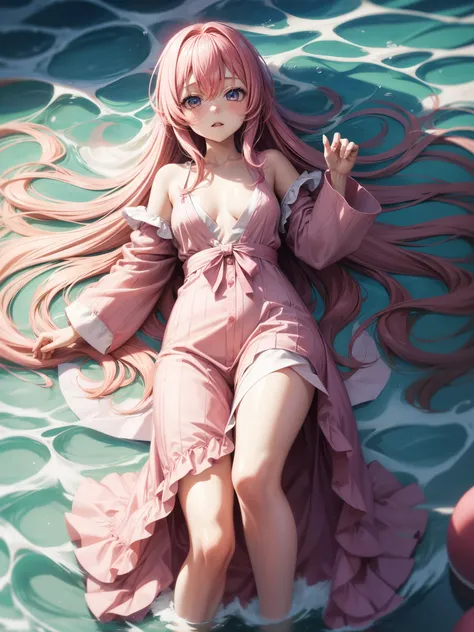 anime girl , long pink hair,wearing a dress pajamas,have small breasts, laying on the water