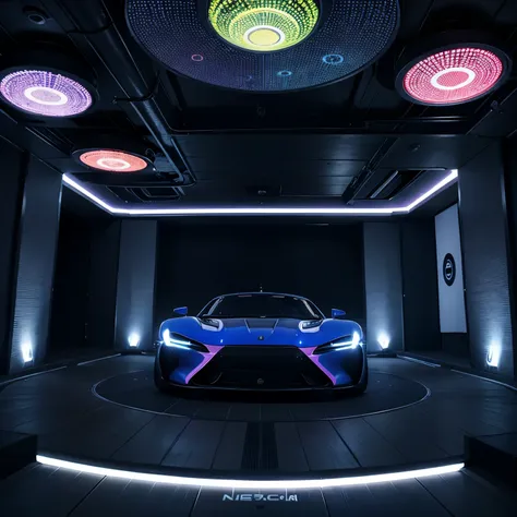 Crea una discoteca futurista con naves espaciales y carros futuristas 