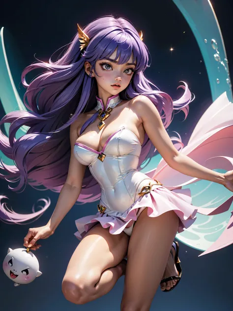 Garota anime de cabelo purple com saia vestido longo purple meio transparente e espartilho, 16 anos, corpo bonito, seios grandes, com hand in panties , hand in cabelo roxo, Garota sensual, cabelo roxo, mechas de cabelo laterais, mechas de cabelo na lateral...