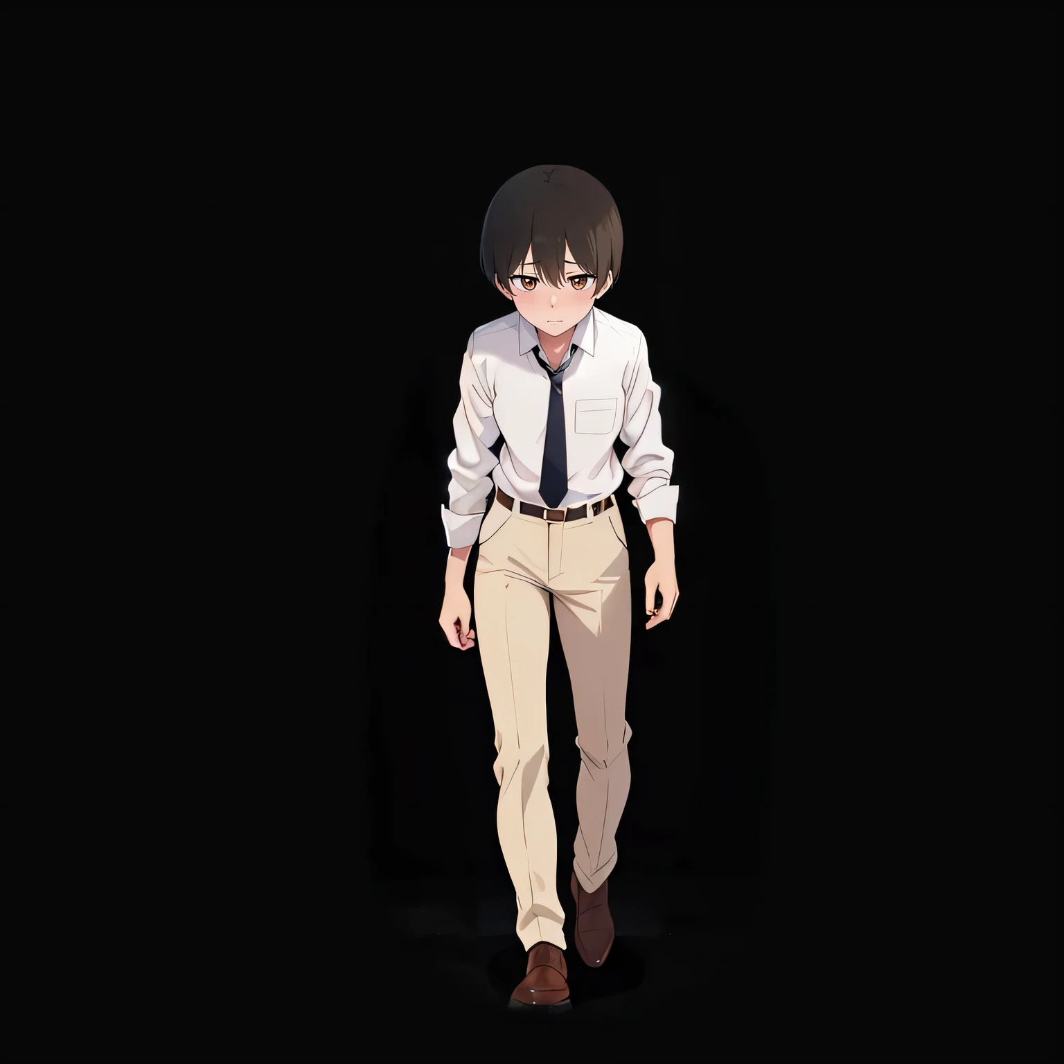 office worker. white shirt beige pants. cinnamon boots. Dark Tie. normal gait.