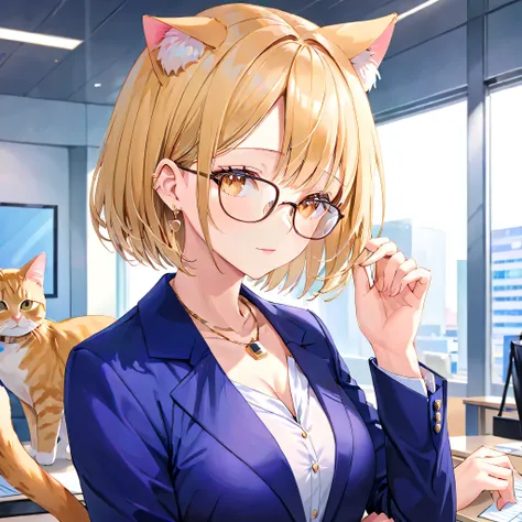 office、beautiful mature woman、suit、Businessman、Glasses、Upper body、earrings、necklace、(Cat ear)、Bob cut blonde hair、1 girl、Touching Glasses、