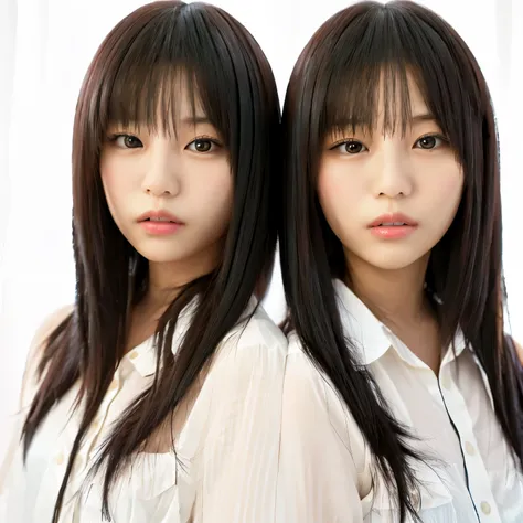 twin asian women with long black hair and white shirts, doppelganger, photographed with canon 5d mk4, photographed with nikon d ...