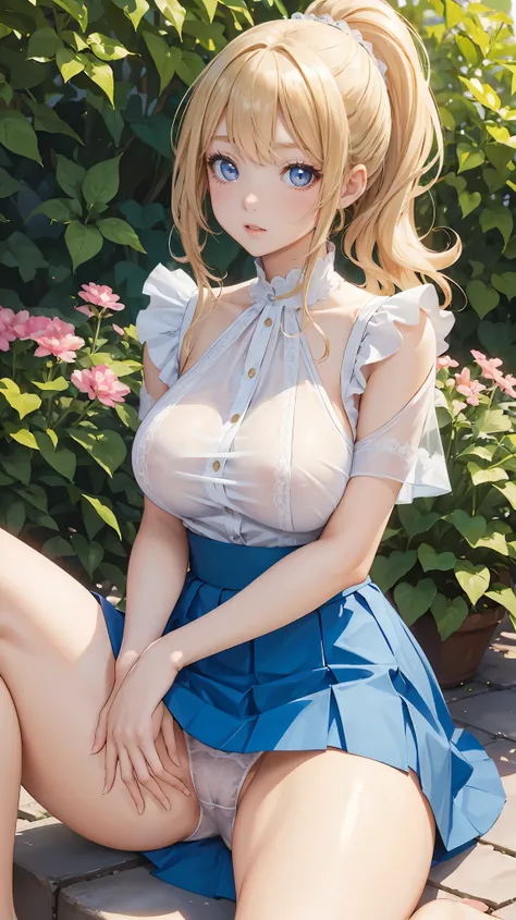 (masterpiece:1.2), (highest quality:1.2),, Curvy but slender body, perfect eyes, perfect face, perfect lighting, 1 girl, in the garden, （blouse），（skirt），（maid），（ponytail），curly hair, fine clothes, detailed outdoor background, compensate, eye shadow, thick ...