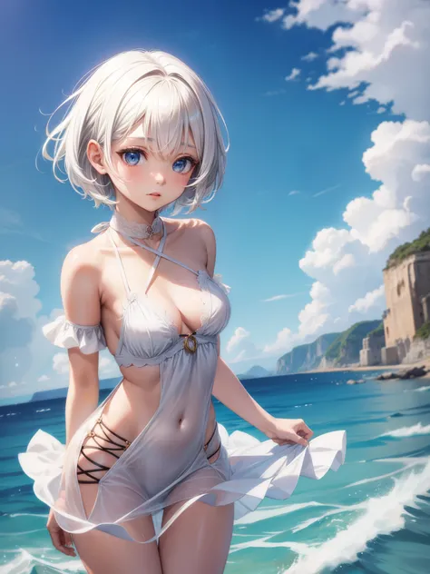 anime girl ,short white hair,wearing Halter dress top,have small breasts, sea , Elif 