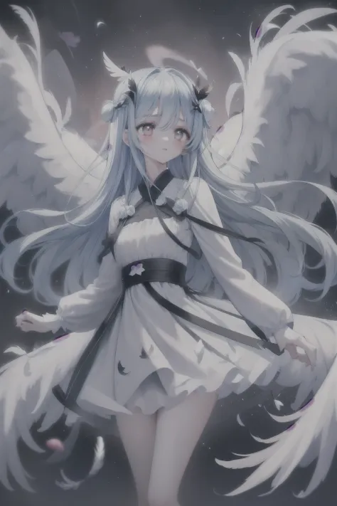 1 girl, alone, light blue long hair、beautiful black-eyed angel girl、 flowers, white dress, 天使の七色のwing、floating hair, wing, particles of light, cloud, rose petals, feathered wing, feather, Wind, starry sky, race trim, race, ribbon, masterpiece, highest qual...