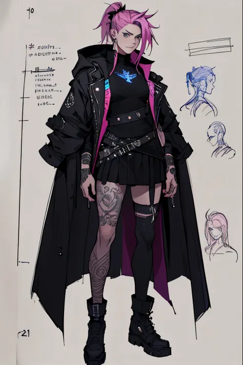 1 girl, Sidecut hair, jinx arcane, Sidecut hair, teenager, rock jacket, black clothing, pink hair, light background, full body, long hair, teenager, tribal tattoo, colorful parts, sketchbook, hand drawn hand, witch symbols, dark , bold, realistic sketch, s...