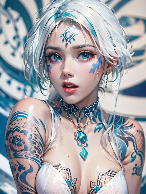 (photorealistic:1.8, highest quality:1.8,8K masterpiece:1.8,High resolution,muste piece:1.8,RAW Photos,cinematic lighting),No split screen, (1 android girl:1.3)、Completely naked、full body tattoo、beautiful big breasts、choker、Nipple piercing、beautiful butt,b...