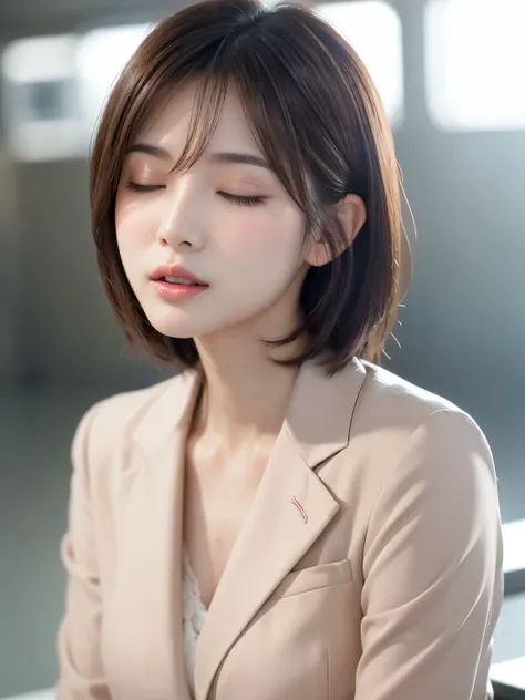 table top, highest quality, realistic, Super detailed, finely, High resolution, 8k wallpaper, cinematic lighting、1 person、beautiful japanese woman、30 years old、light brown straight bob hair, wearing a business suit, (blurred background、station platform、noo...