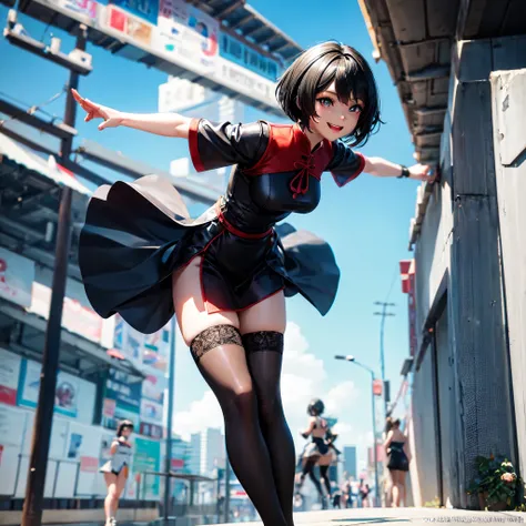 ((ARTWORK)), character animation, (1girl with black short hair), posing dynamic, dynamic pose, closeup, 3d model, mmorpg 3d character, chinese dress modern, stockings, cute outfit with details, perspective, cute smile, ,  girl