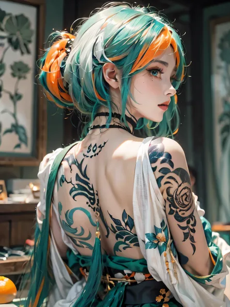 (photorealistic:1.8, highest quality:1.8,8K masterpiece:1.8,High resolution,muste piece:1.8,RAW Photos,cinematic lighting),No split screen, (1 android girl:1.3)、Completely naked、full body tattoo、choker、beautiful breasts、Nipple piercing、kimono、Furisode、beau...