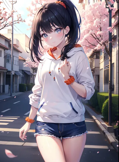 it&#39;s a good body, rikka takarada, black hair, blue eyes, long hair, orange scrunchie, scrunchie, wrist scrunchie,ponytail,sm...