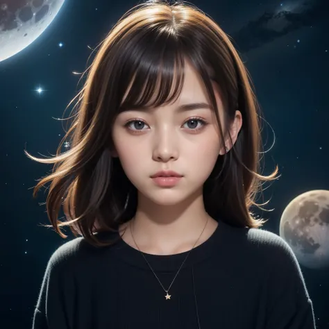 beautiful images、universe、fantasy、moon、shooting start or herd、teenage girl、black eye、hair is bob、cute face、starry sky、Japanese、high school girl、Planetary explosion